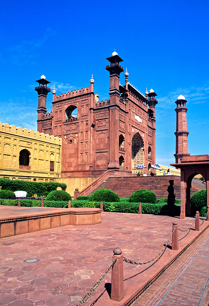 Mosque stands tall in Lahore with clear blue sky above Digital Download