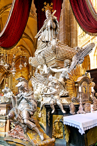 Ornate silver religious monument inside a grand cathedral. Digital Download