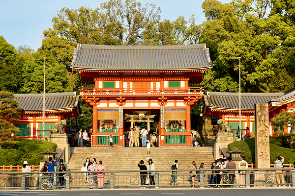 Kyoto Yasaka shrine temple with visitors and trees in background Digital Download