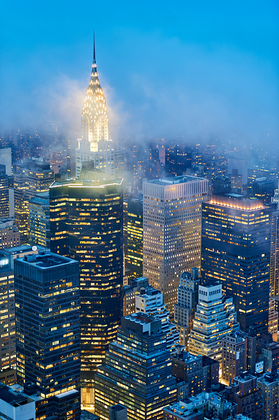 Aerial view of Manhattan skyline at dusk with Chrysler Building Digital Download