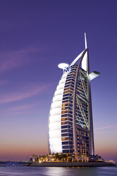 Burj Al Arab hotel illuminated at dusk in Dubai UAE Digital Download