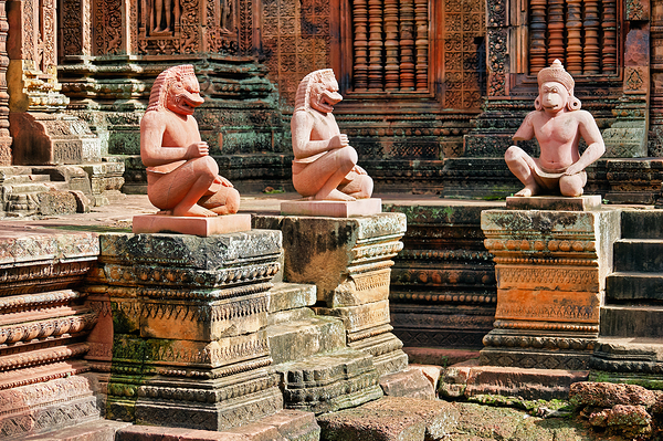 Ancient temple with guardian statues and ornate carvings. Digital Download