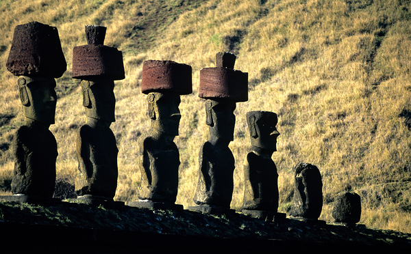 Easter Island Moai statues with red hats on a hillside. Digital Download