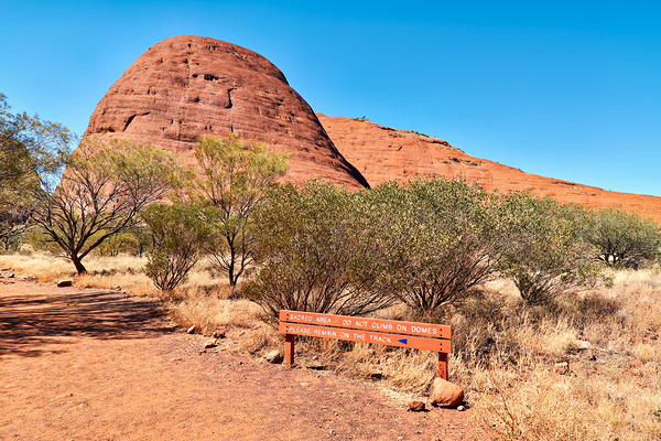 Sacred area sign in front of Kata Tjuta domes Australia. Roll Print