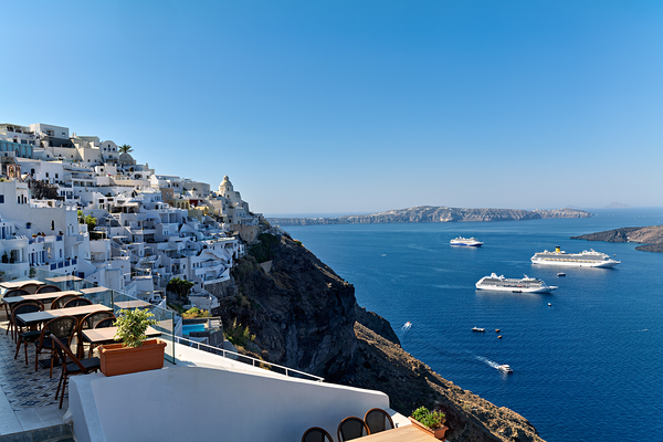 Santorinis white village blue caldera and cruise ships. Digital Download