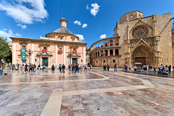 Valencia scene in Plaza de la Virgen with famous sites and peopl Digital Download