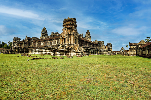 Angkor Wat temple complex with green grass and blue sky. Digital Download