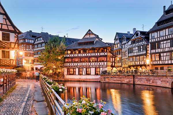 Evening in Petit France with timber framed houses by water Digital Download