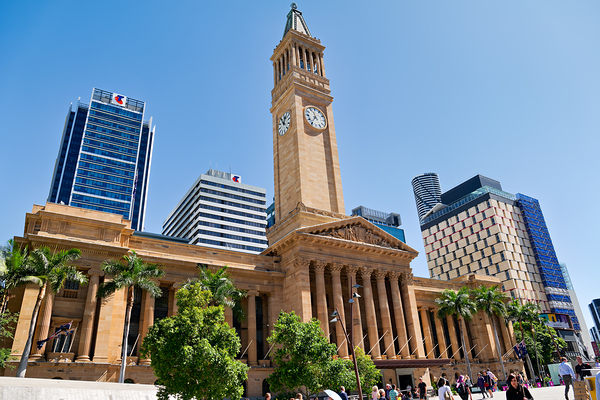 Brisbane City Hall with modern buildings and palm trees. Digital Download