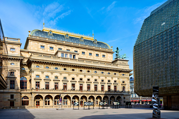 Pragues National Theatre and modern architecture contrast under Digital Download