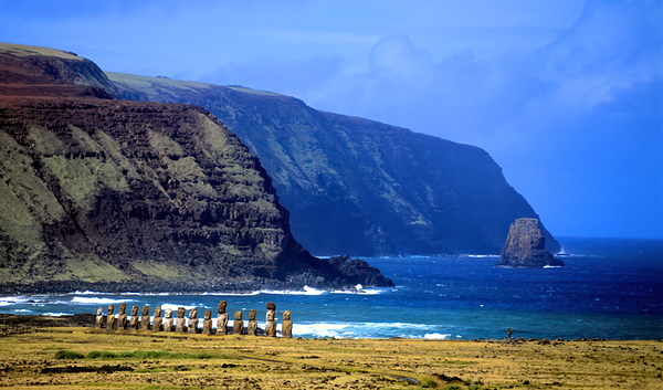 Moai statues on Easter Islands dramatic coastal landscape. Digital Download
