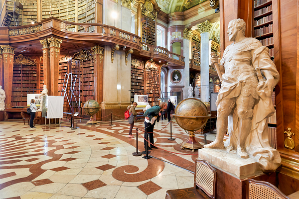 Ornate library interior with towering bookshelves statues glob Digital Download
