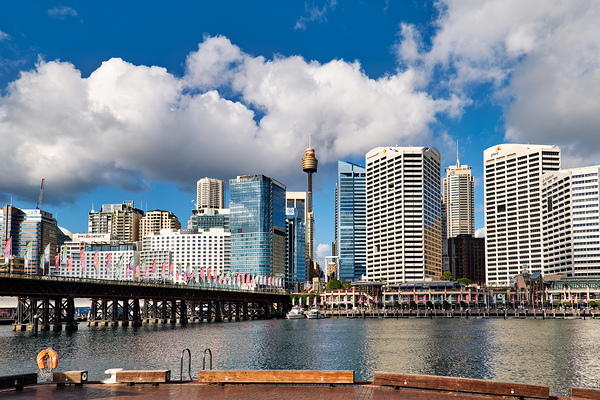 Sydney Harbour skyline with bridge and buildings under clouds. Digital Download