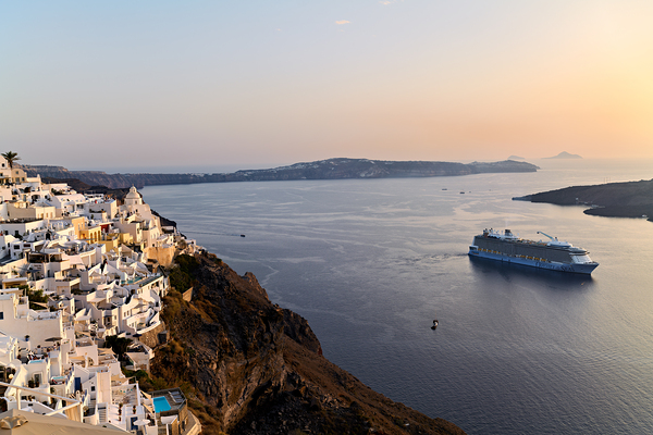 Santorini village and cruise ship at sunset. Digital Download
