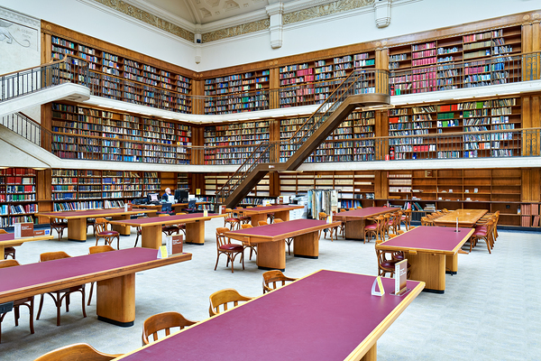 Grand library in Sydney with tall bookshelves and study areas Digital Download