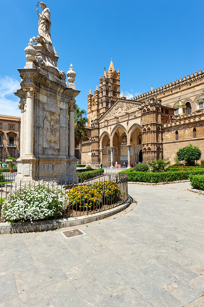 Palermo Cathedral stands tall with statue in front and blue sky Digital Download