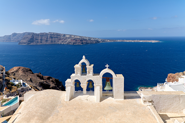 Iconic Santorini bell tower overlooking the caldera and Aegean S Digital Download