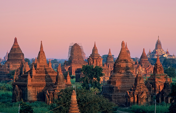 Temples in Bagan at dusk with a clear sky over Myanmar Digital Download