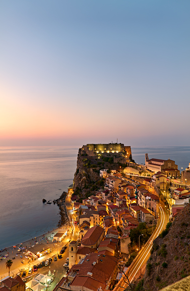 Elevated view of Ruffo castle and Scilla at sunset in Calabria Digital Download