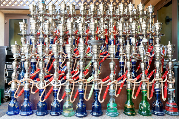 Display of hookahs for sale in Dubai cafe with many options Digital Download