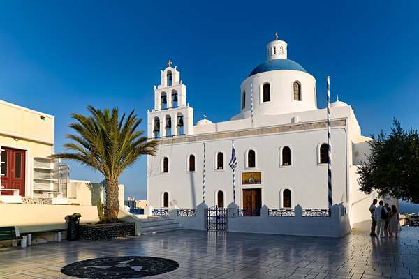 Beautiful white church blue dome palm tree clear sky. Digital Download