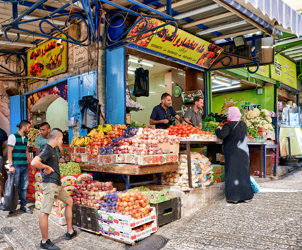 Greengrocer stall in the old city of Jerusalem busy with shopper Digital Download