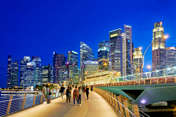 City skyline and people walking at sunset near Marina Bay Digital Download