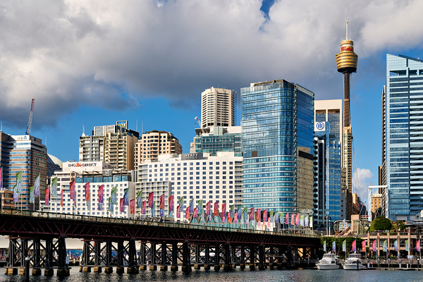 Sydney Harbour skyline with bridge and flags. Digital Download