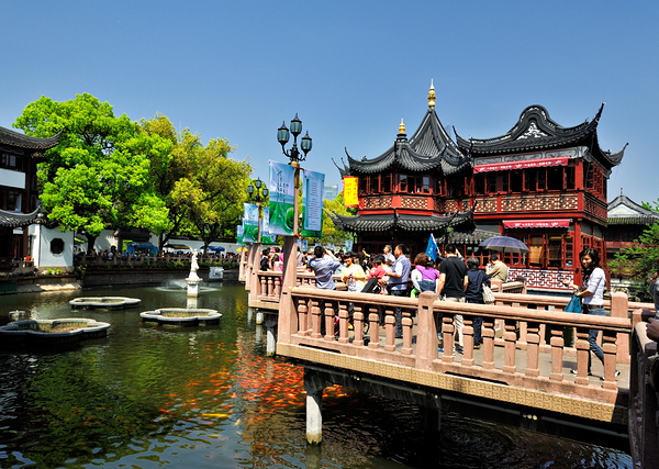 Vibrant Chinese garden with koi pond and visitors in Shanghai Digital Download