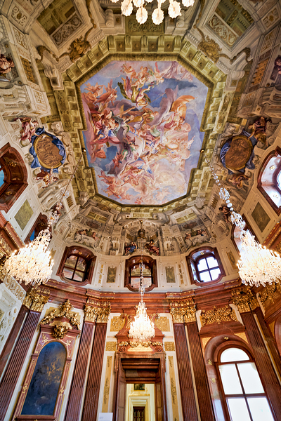 Grand baroque hall with elaborate ceiling fresco and crystal cha Digital Download