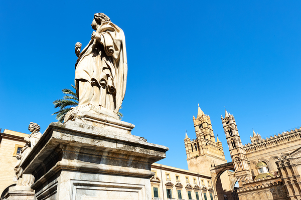 Palermo Cathedral shows statues under clear sky in Sicily Digital Download