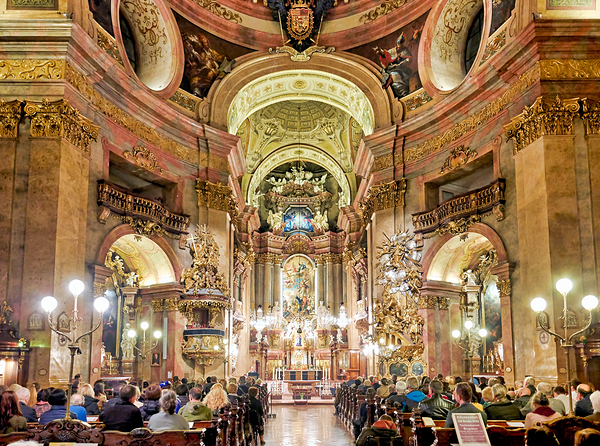 People attending a Requiem service in an ornate church. Digital Download