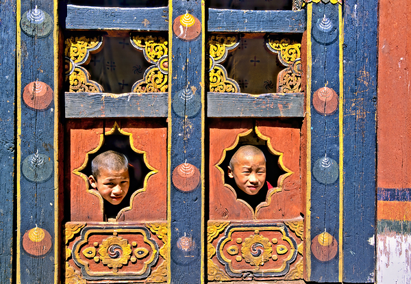 Young monks peeking from decorative colorful windows. Digital Download