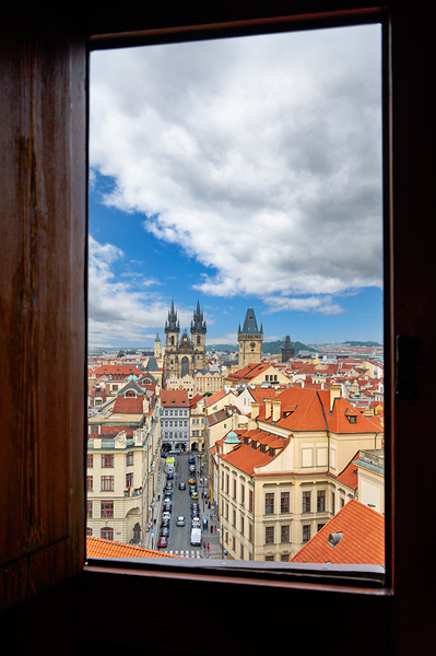 Prague cityscape from window Tyn Church red roofs. Digital Download