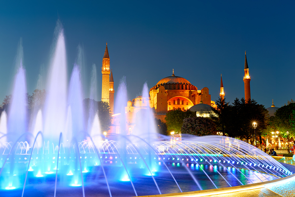 Hagia Sophia Grand Mosque at night with a fountain display Digital Download