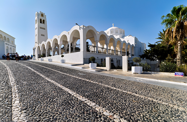 Beautiful white church and cobblestone street in sunny Santorini Digital Download