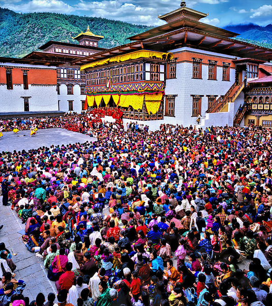 Large crowd at a traditional Bhutanese festival. Digital Download
