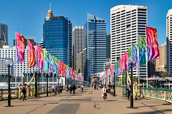 Colorful flags line bridge in Darling Harbour Sydney on a sunny  Digital Download