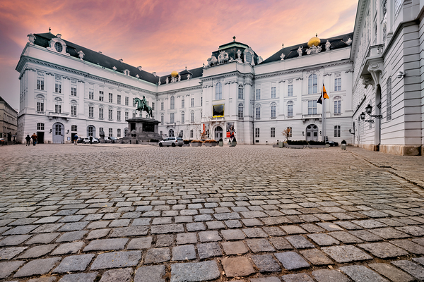 Majestic palace equestrian statue and cobblestone square under Digital Download