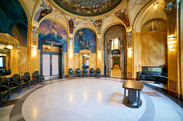 Ornate historic hall with murals arches and elegant seating. Digital Download