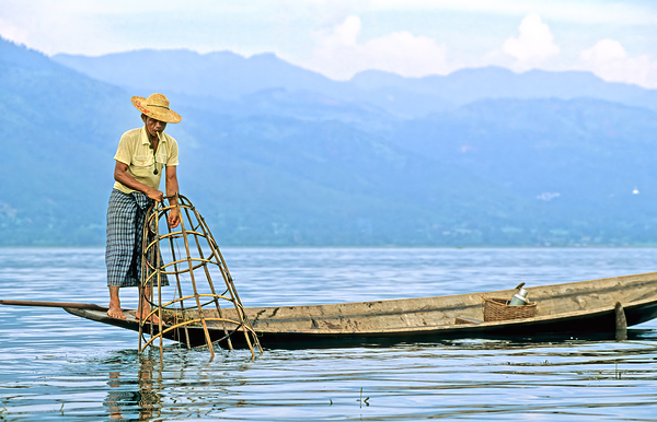 Traditional fishing on Inle Lake in Myanmar by local fisherman Digital Download