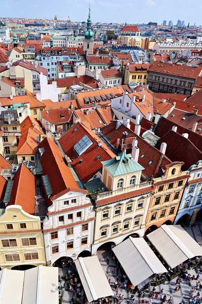 Aerial view of Pragues historic red roofed cityscape and bustli Digital Download
