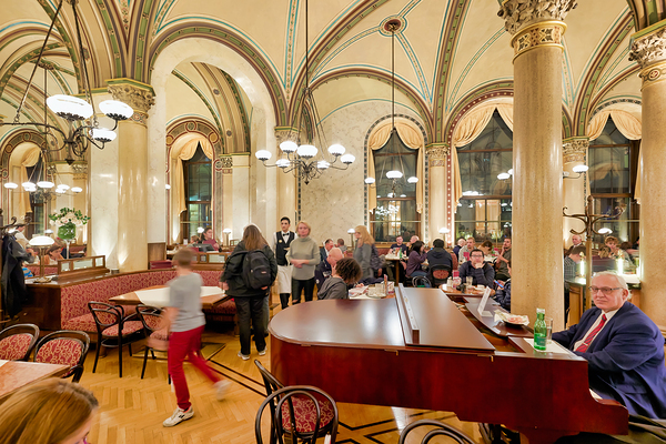 Ornate cafe interior bustling with people and a grand piano. Digital Download