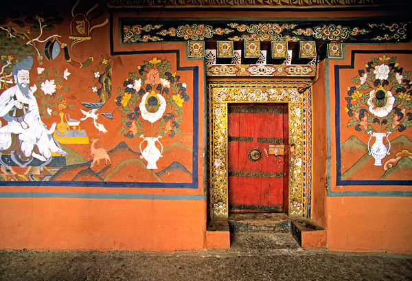 Vibrant wall murals and an ornate red door. Digital Download