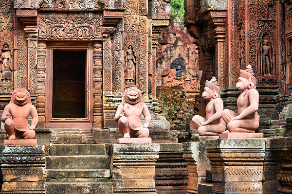 Ancient Cambodian temple with intricate red sandstone carvings a Digital Download