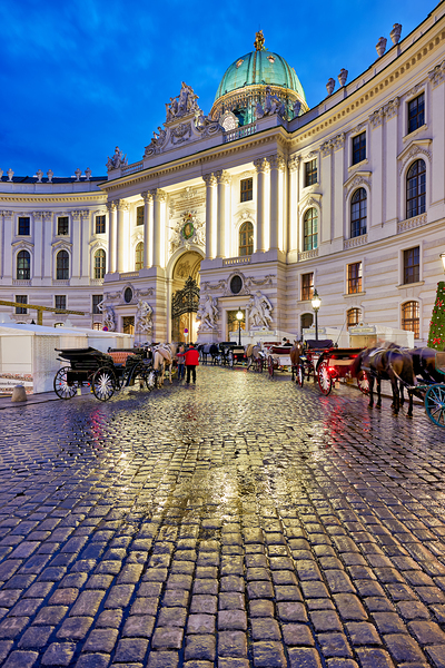 Hofburg Palace Vienna at night with horse drawn carriages. Digital Download