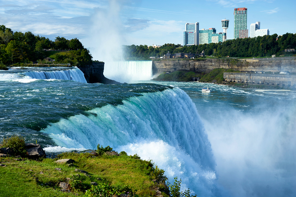 Niagara Falls with city skyline and boat. Digital Download