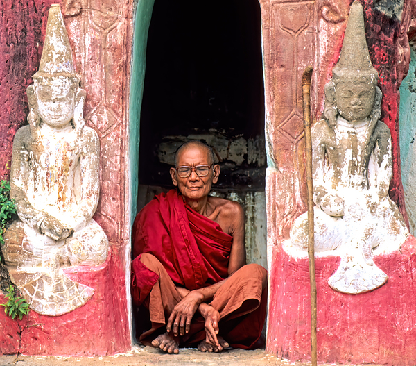 Old monk meditates in temple doorway in Myanmar Digital Download