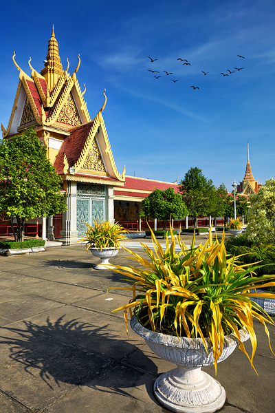 Golden temple green trees and birds under a blue sky. Digital Download