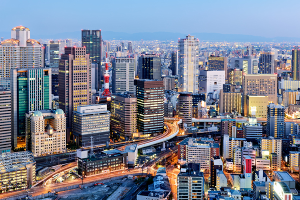 Osaka business district at dusk with city lights and buildings Digital Download